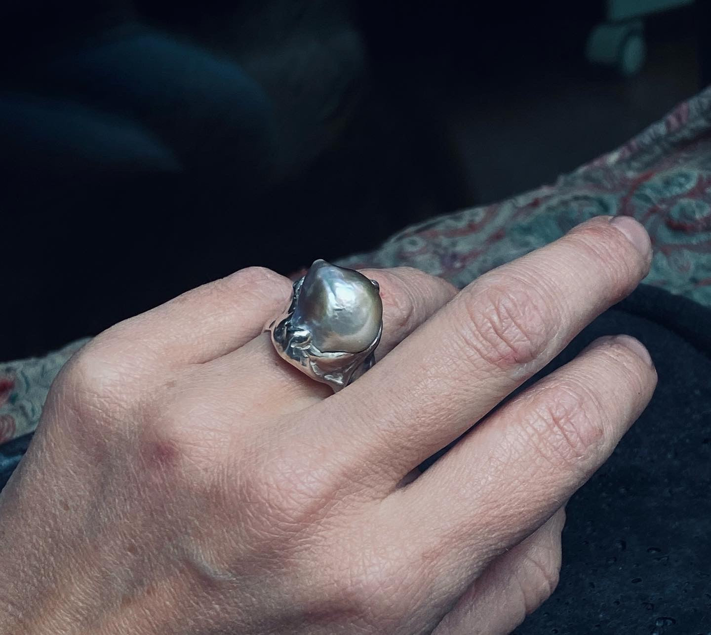 Amorphous Ring with Gray Baroque Pearl