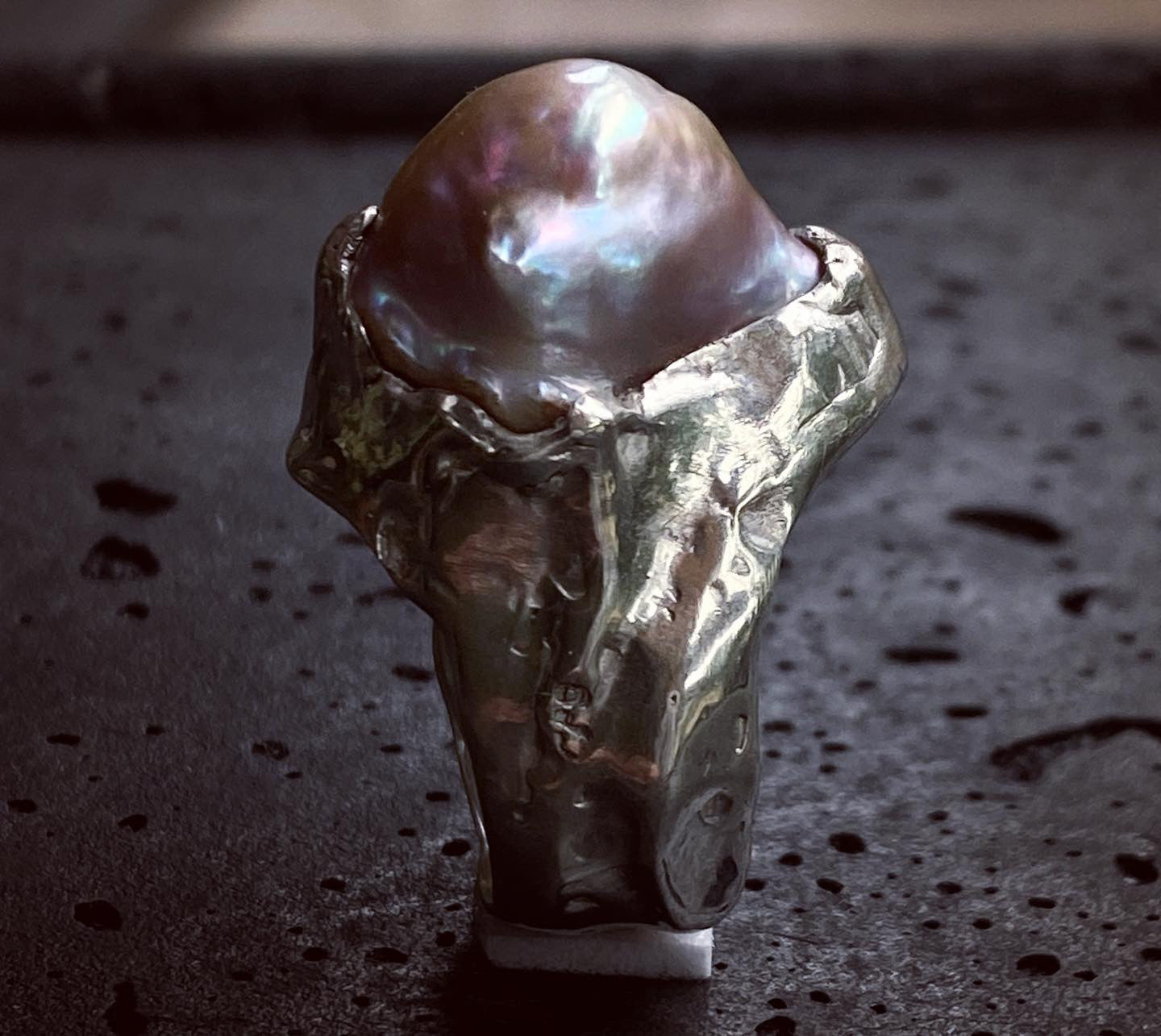 Amorphous Ring with Gray Baroque Pearl