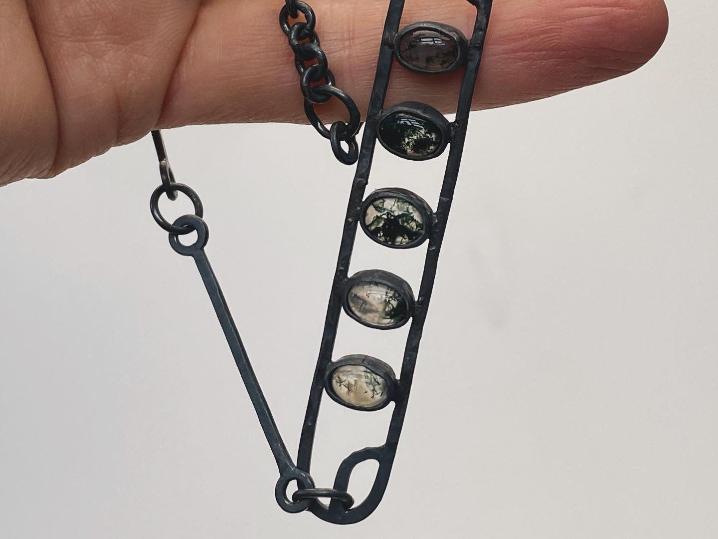 Moss Agate Dreams: Oxidized Silver Necklace