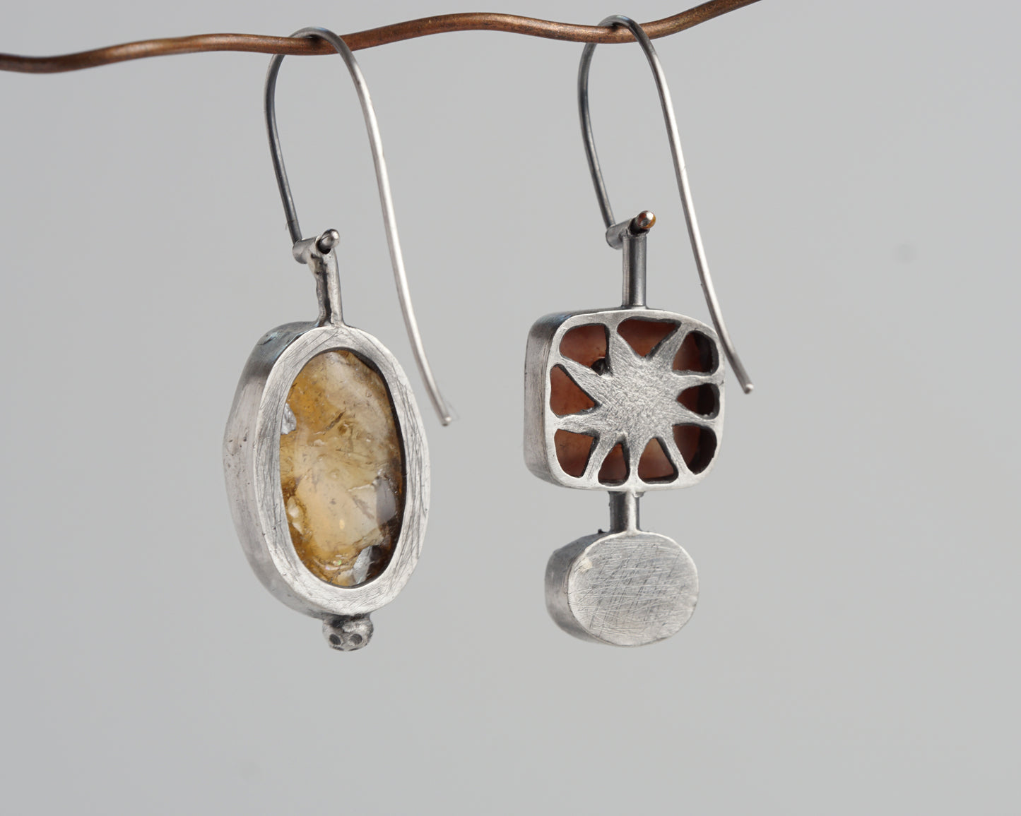 Sterling Silver Carnelian Chalcedony Sapphire Asymmetrical Earrings