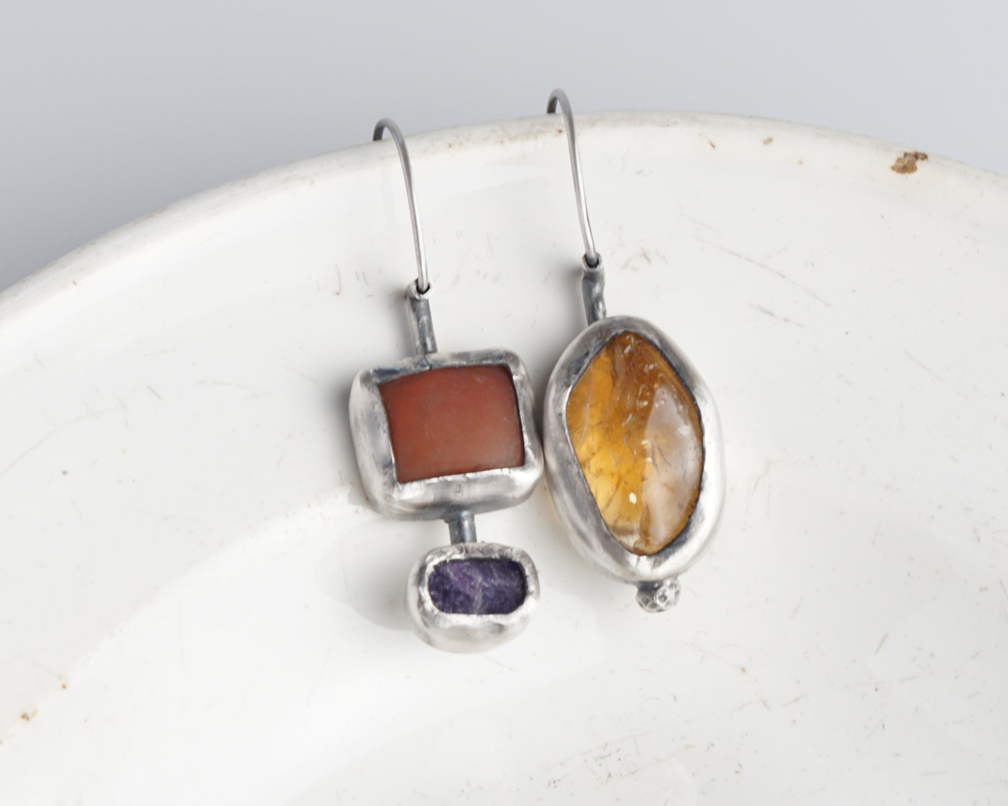 Sterling Silver Carnelian Chalcedony Sapphire Asymmetrical Earrings