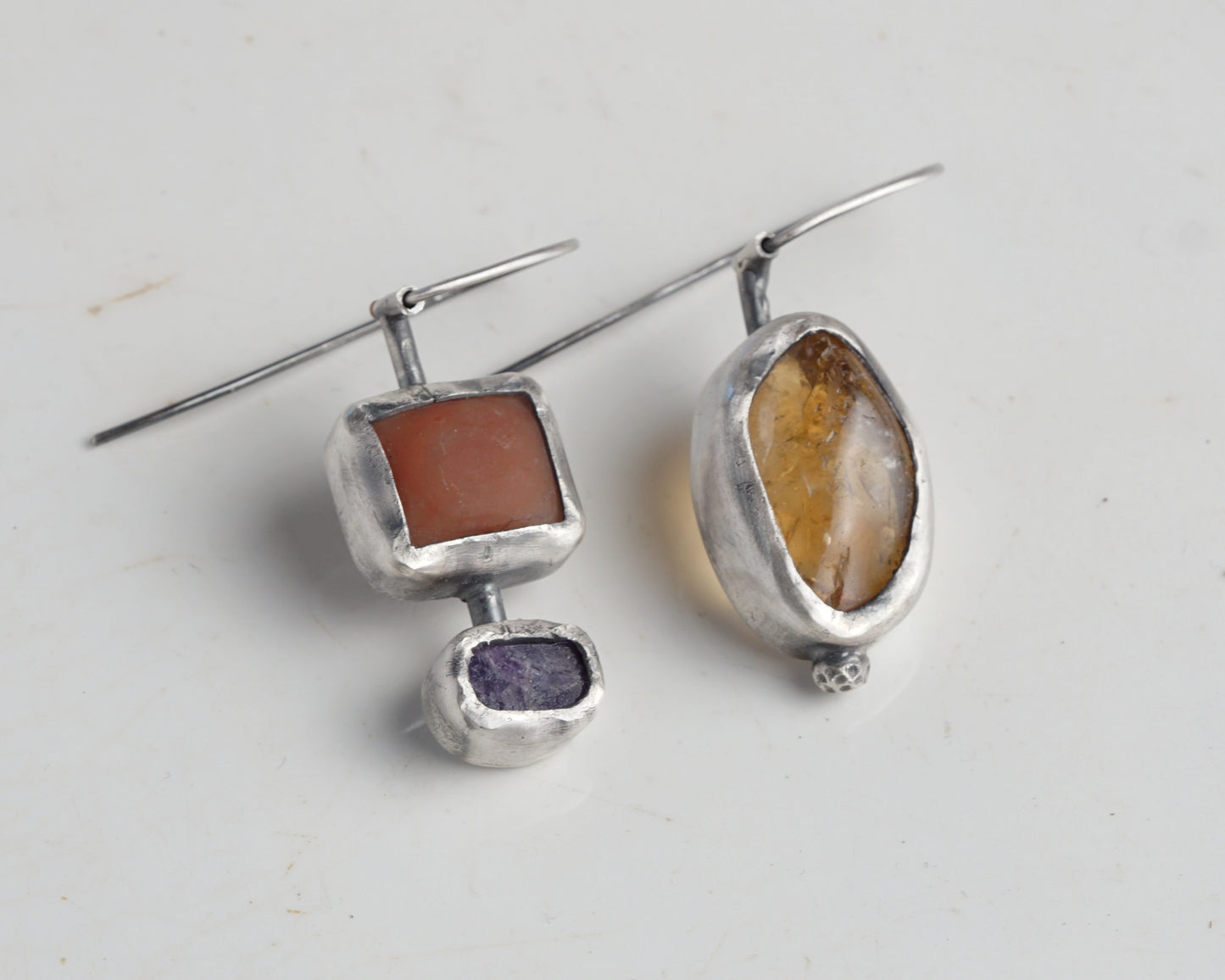 Sterling Silver Carnelian Chalcedony Sapphire Asymmetrical Earrings