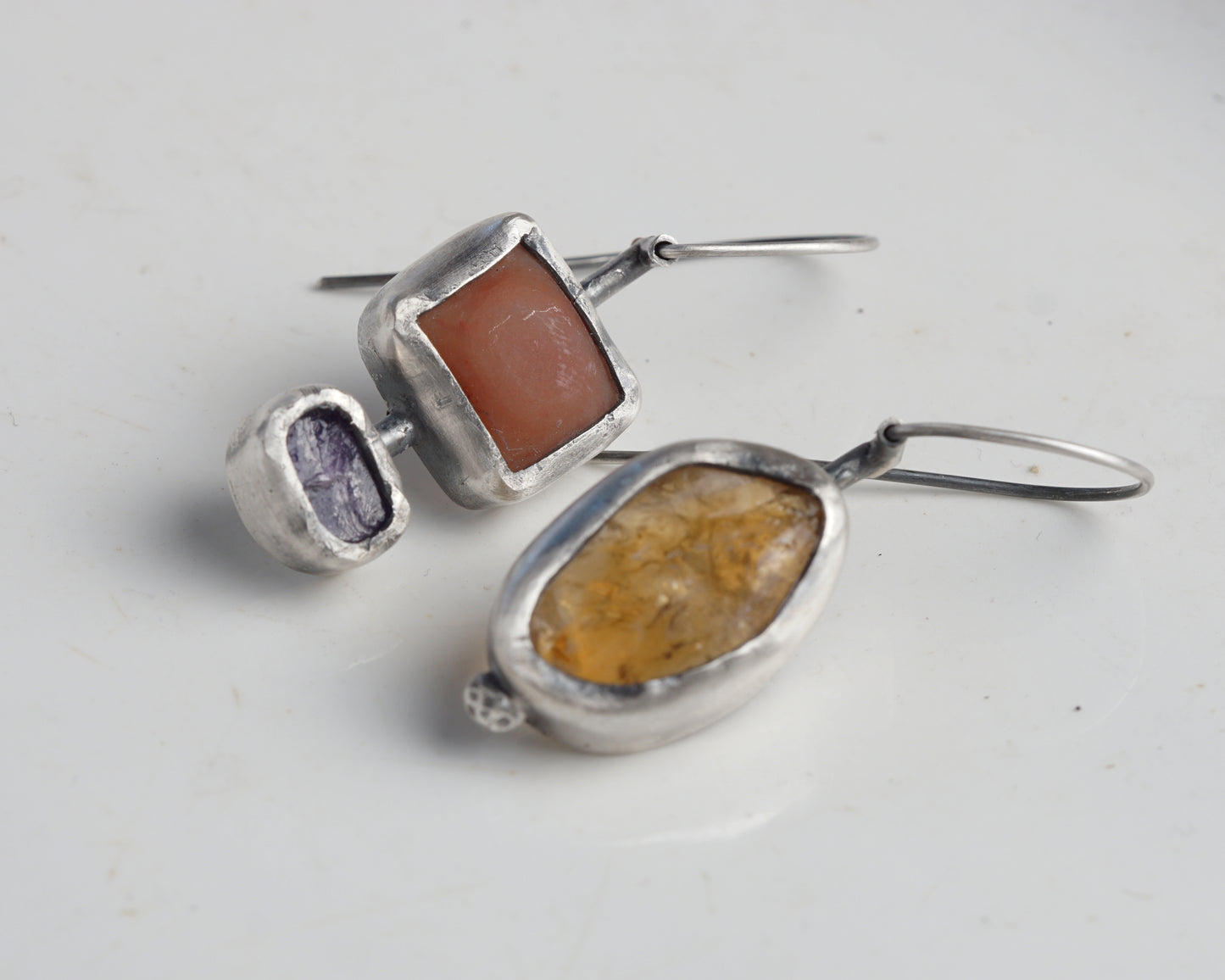 Sterling Silver Carnelian Chalcedony Sapphire Asymmetrical Earrings