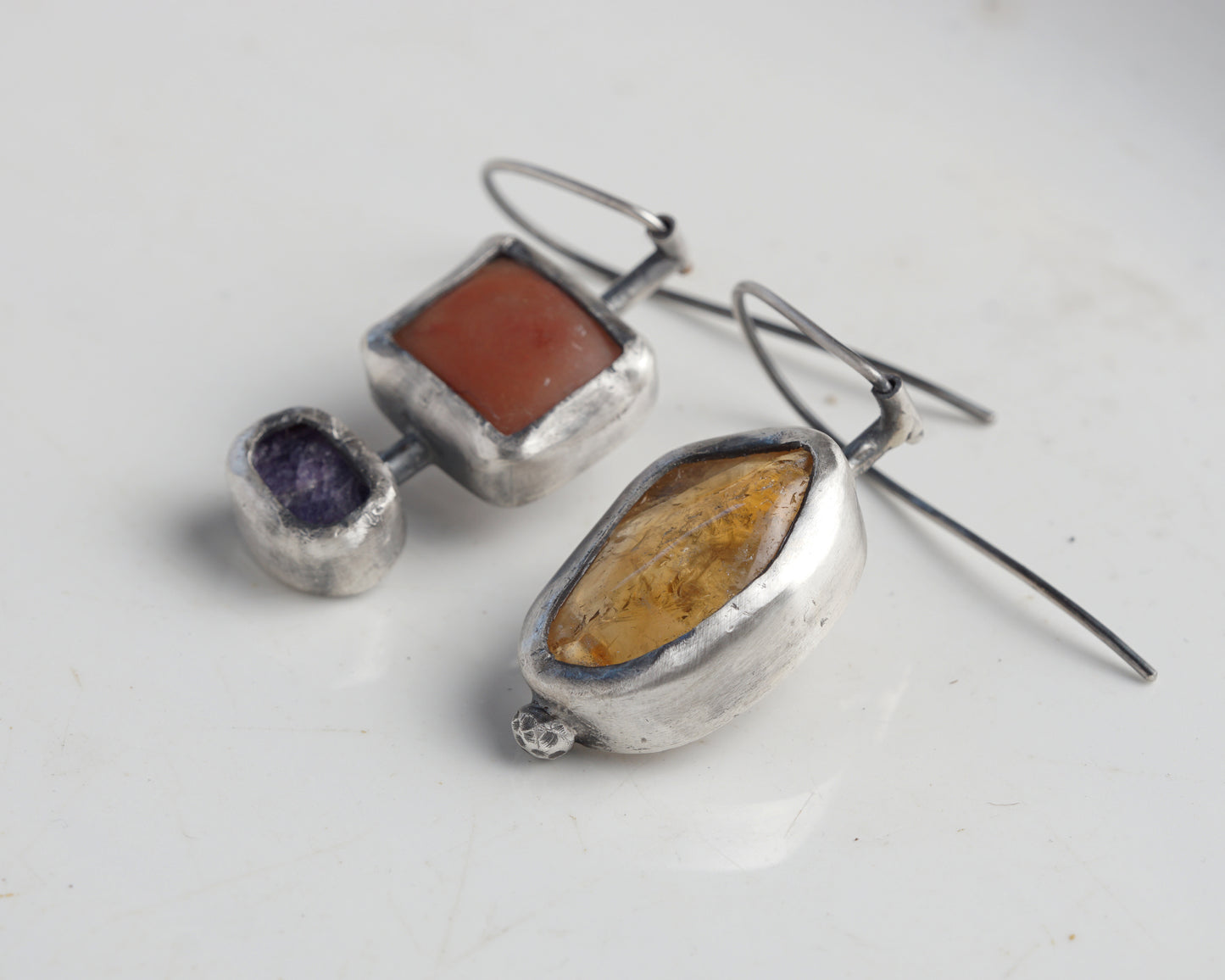 Sterling Silver Carnelian Chalcedony Sapphire Asymmetrical Earrings