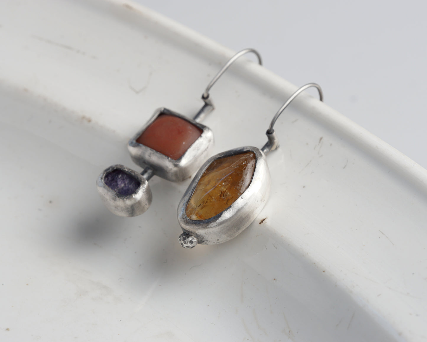 Sterling Silver Carnelian Chalcedony Sapphire Asymmetrical Earrings
