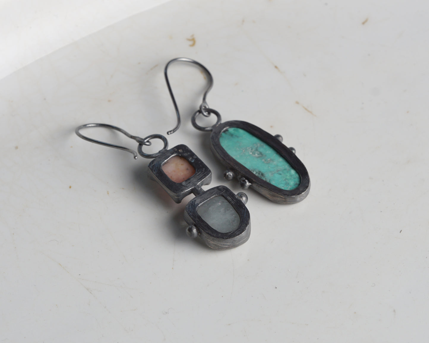 Summer Handcrafted Opal, Aquamarine & Turquoise Oxidized Silver Mismatched Earrings