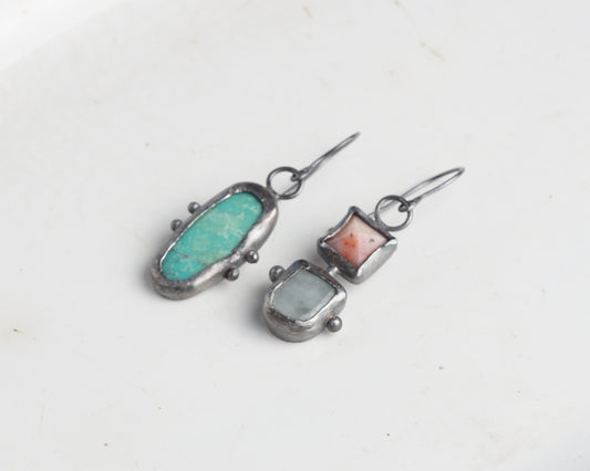 Summer Handcrafted Opal, Aquamarine & Turquoise Oxidized Silver Mismatched Earrings
