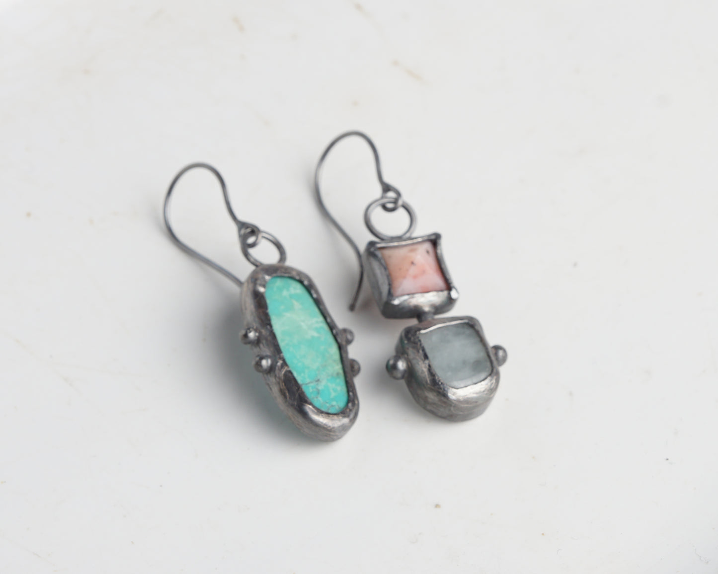 Summer Handcrafted Opal, Aquamarine & Turquoise Oxidized Silver Mismatched Earrings