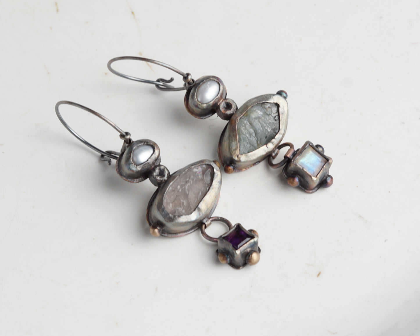Mismatched Earrings with Aquamarine, Moonstone, Pearl, Rose Quartz & Amethyst