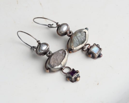 Mismatched Earrings with Aquamarine, Moonstone, Pearl, Rose Quartz & Amethyst