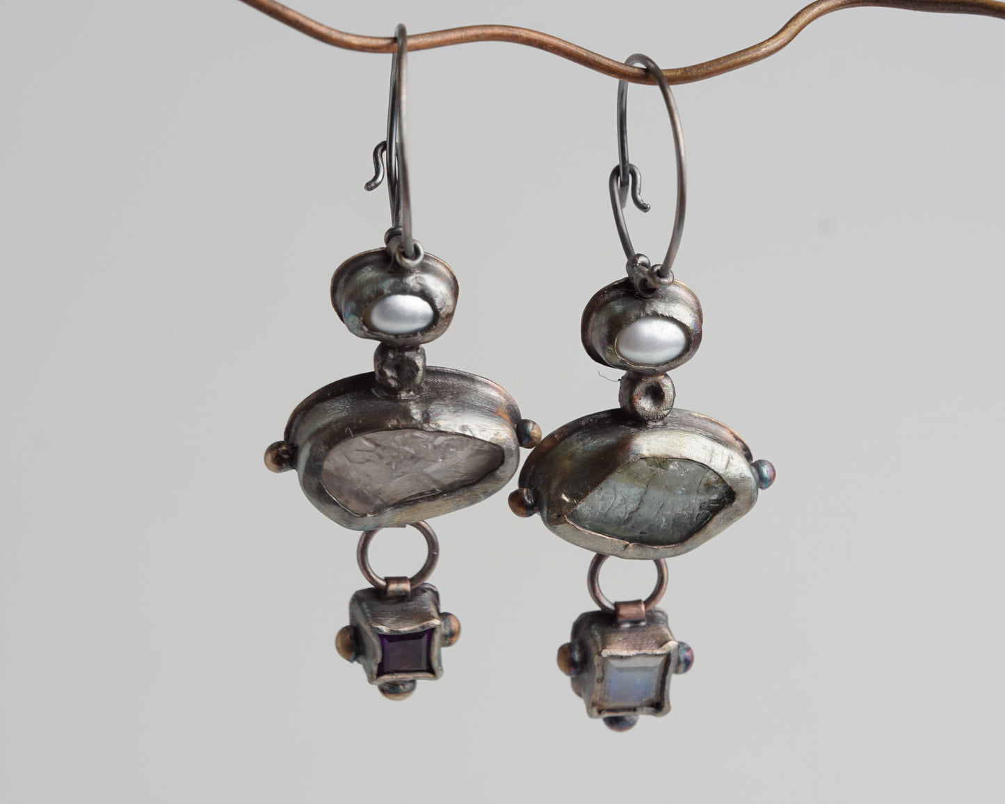 Mismatched Earrings with Aquamarine, Moonstone, Pearl, Rose Quartz & Amethyst