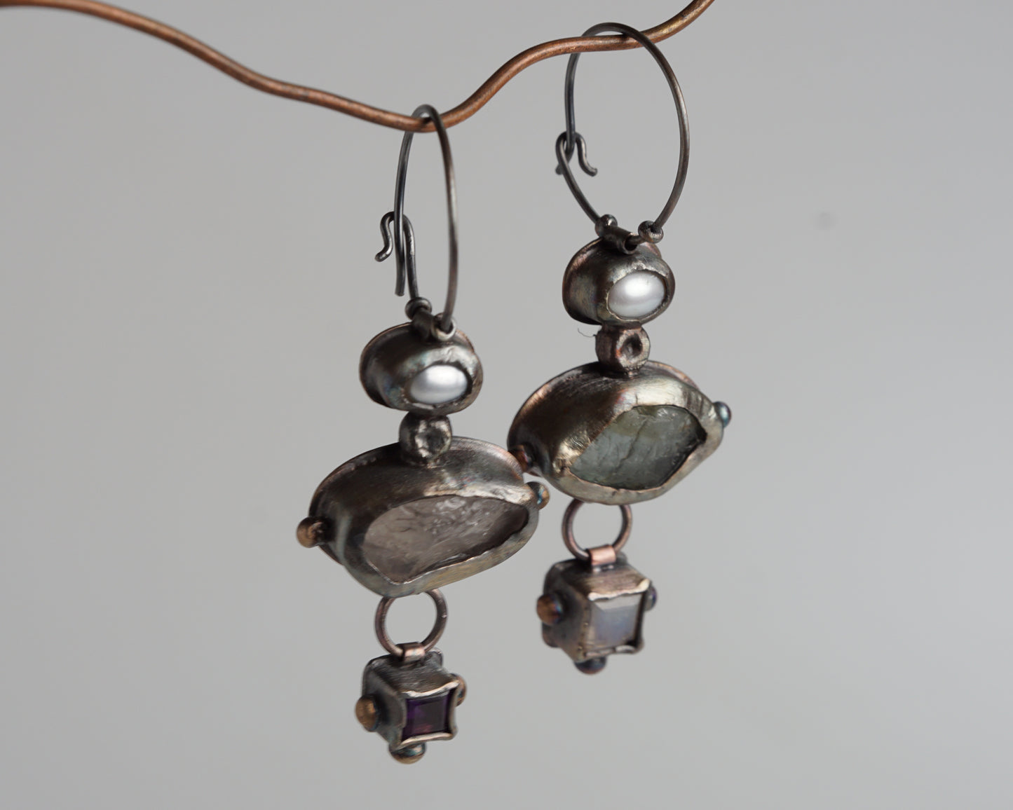 Mismatched Earrings with Aquamarine, Moonstone, Pearl, Rose Quartz & Amethyst