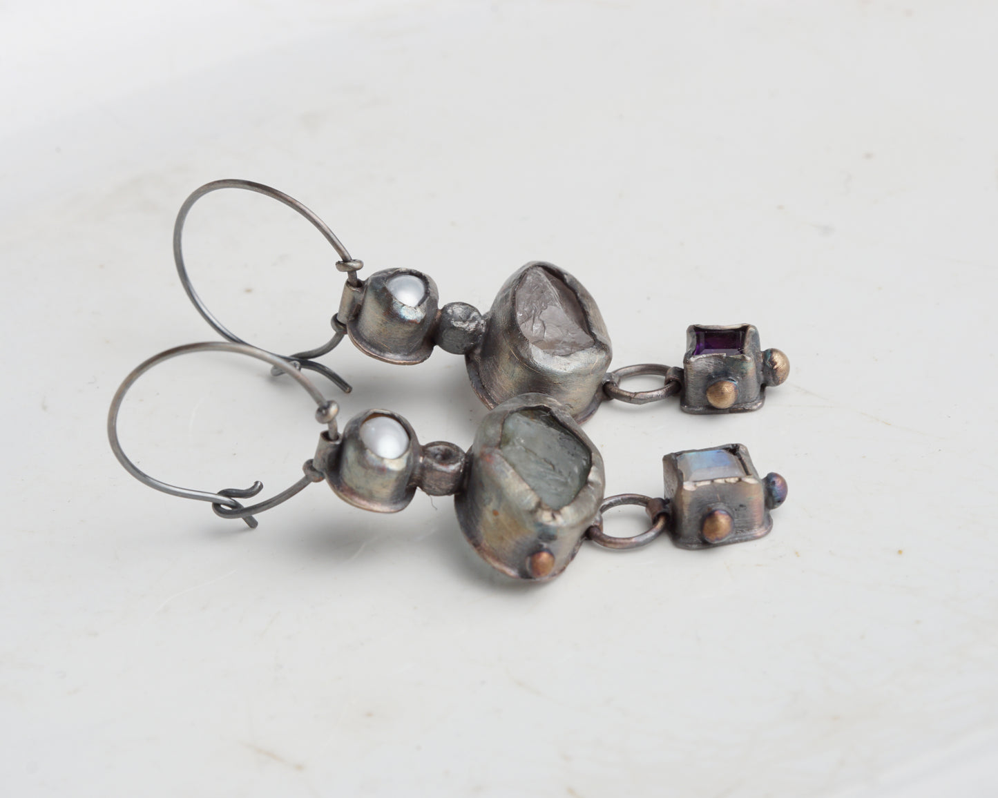Mismatched Earrings with Aquamarine, Moonstone, Pearl, Rose Quartz & Amethyst