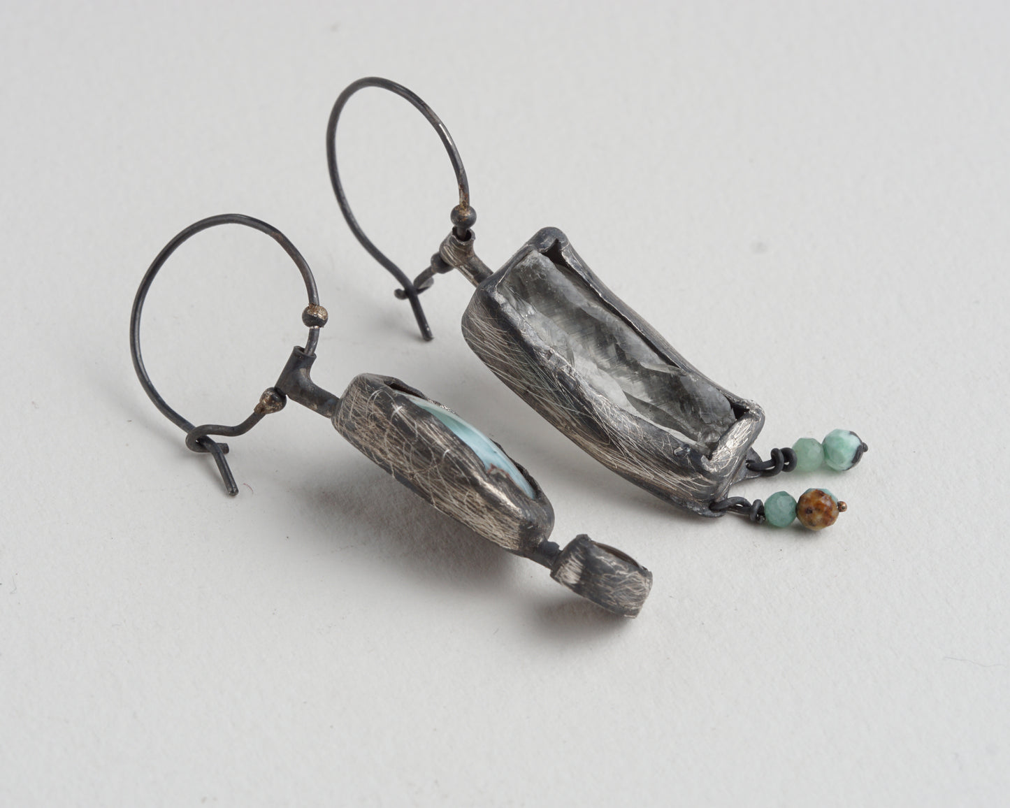Asymmetrical Larimar and Prasiolite Earrings with Emerald Beads and Abalone Shell