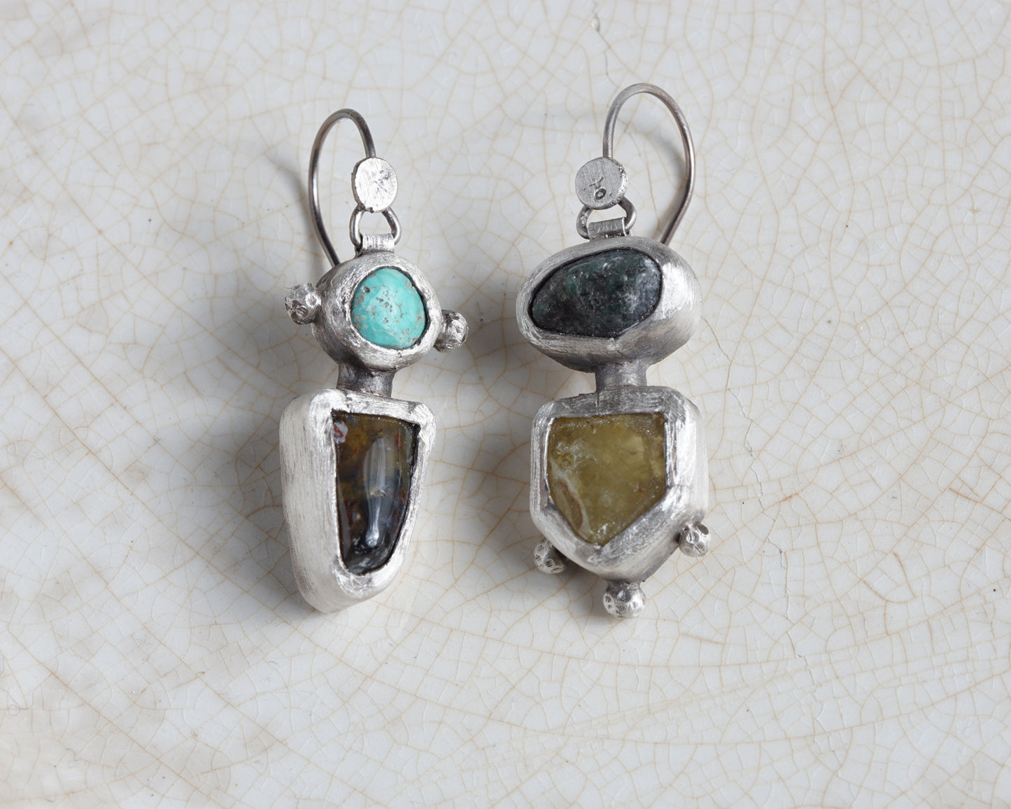 Handcrafted Silver Earrings with Turquoise, Pietersite, Emerald & Green Garnet
