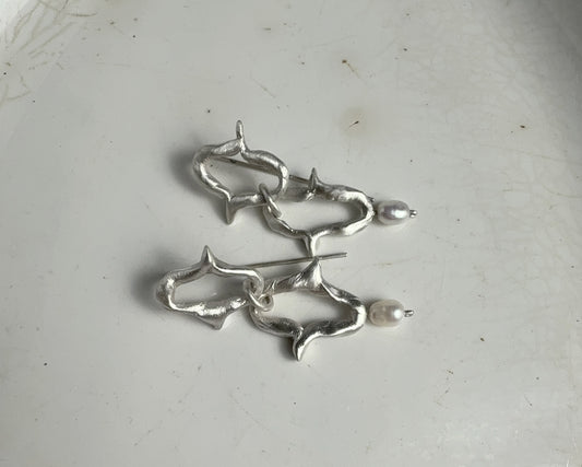 Organic Silver Link Earrings with Pearl Accent