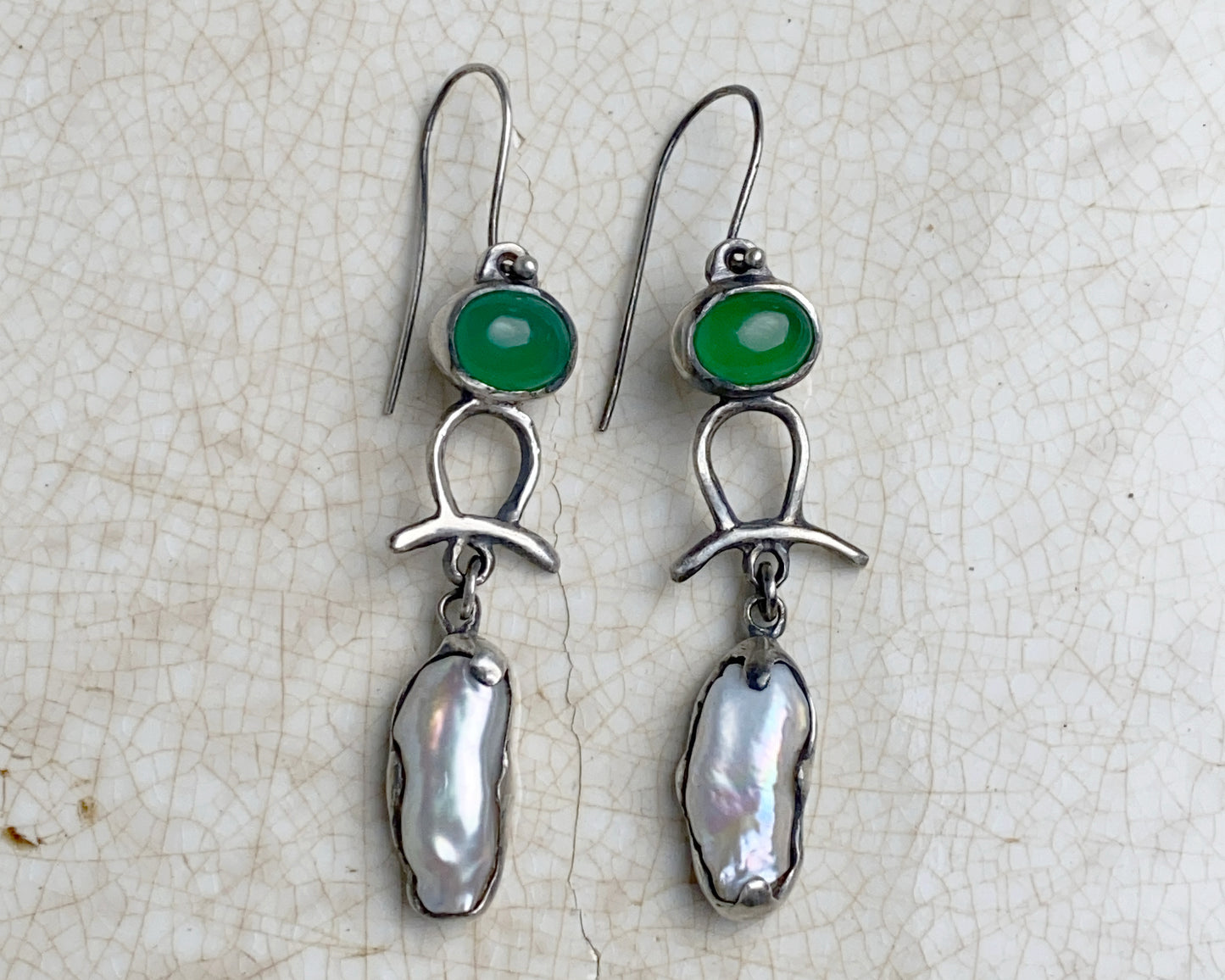 Green Agate & Baroque Pearl Earrings