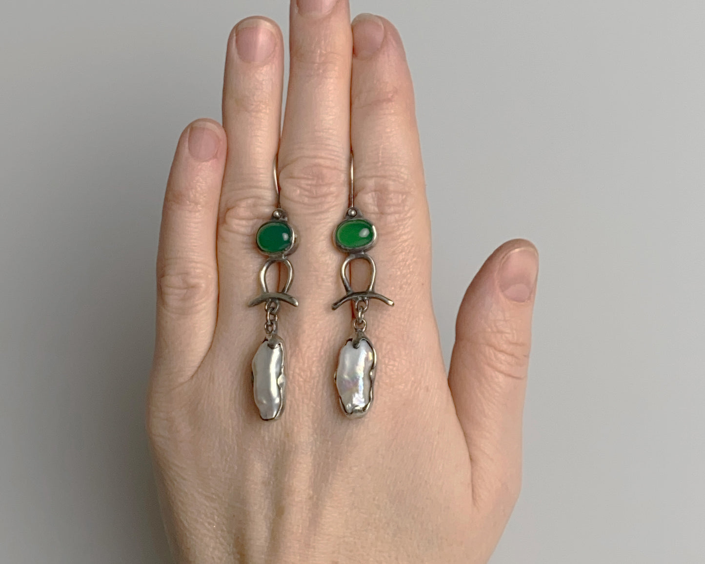 Green Agate & Baroque Pearl Earrings