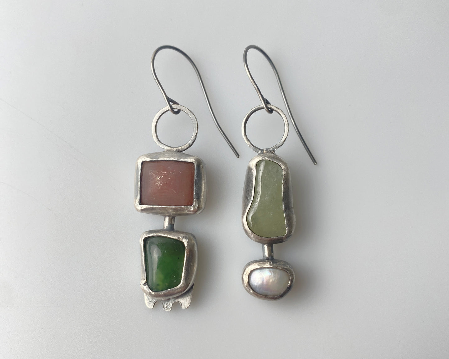 Handcrafted Silver Earrings with Chalcedony, Jade, Aquamarine, and Pearl