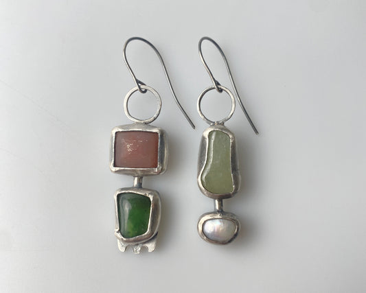 Handcrafted Silver Earrings with Chalcedony, Jade, Aquamarine, and Pearl