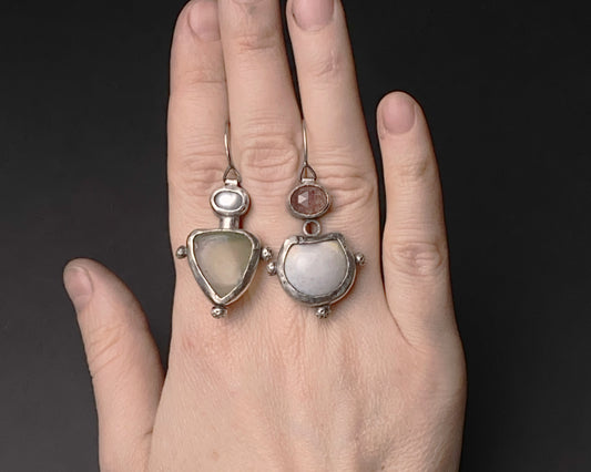 Strawberry Quartz, Agate, Pearl & Prehnite Silver Earrings