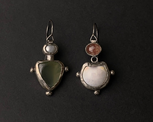Strawberry Quartz, Agate, Pearl & Prehnite Silver Earrings