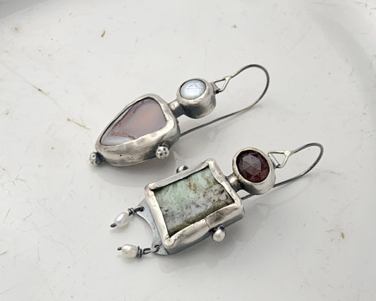 Asymmetrical Bird Ornament Sterling Silver Earrings with Chrysoprase, Strawberry Quartz, Agate and Pearl