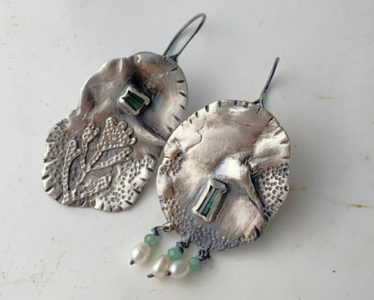 Silver Coral Tourmaline Pearl Earrings with Emerald Beads