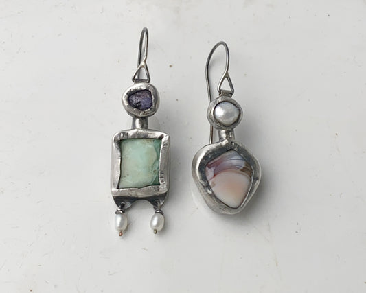 Sterling Silver Mismatched Earrings with Sapphire, Prasiolite, Agate and Pearl