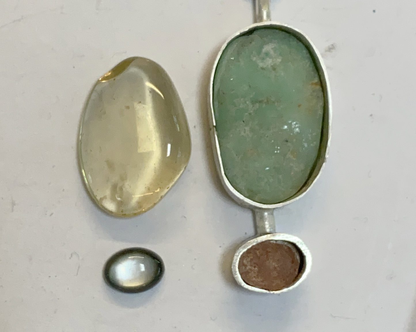 Asymmetrical Sterling Silver Earrings with Black Abalone Shell, Lemon Quartz & Chrysoprase