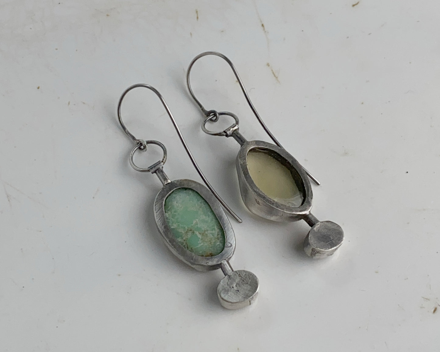 Asymmetrical Sterling Silver Earrings with Black Abalone Shell, Lemon Quartz & Chrysoprase