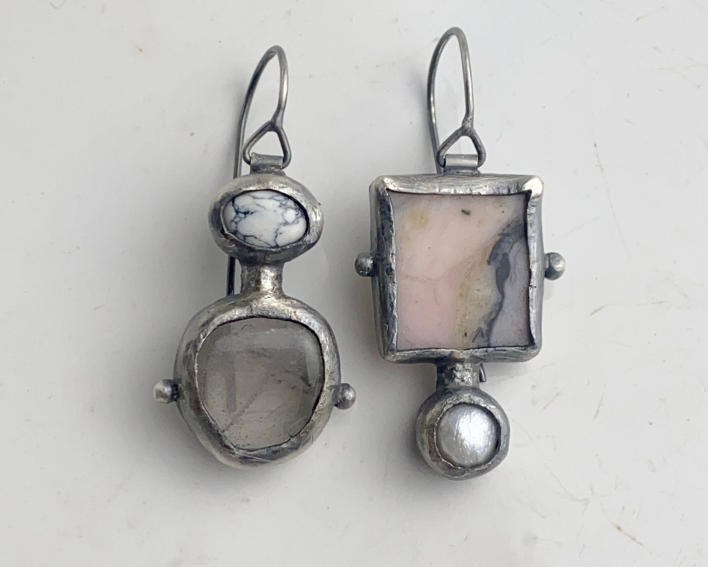 Howlite Quartz Pink Agate Pearl Asymmetrical Silver Earrings