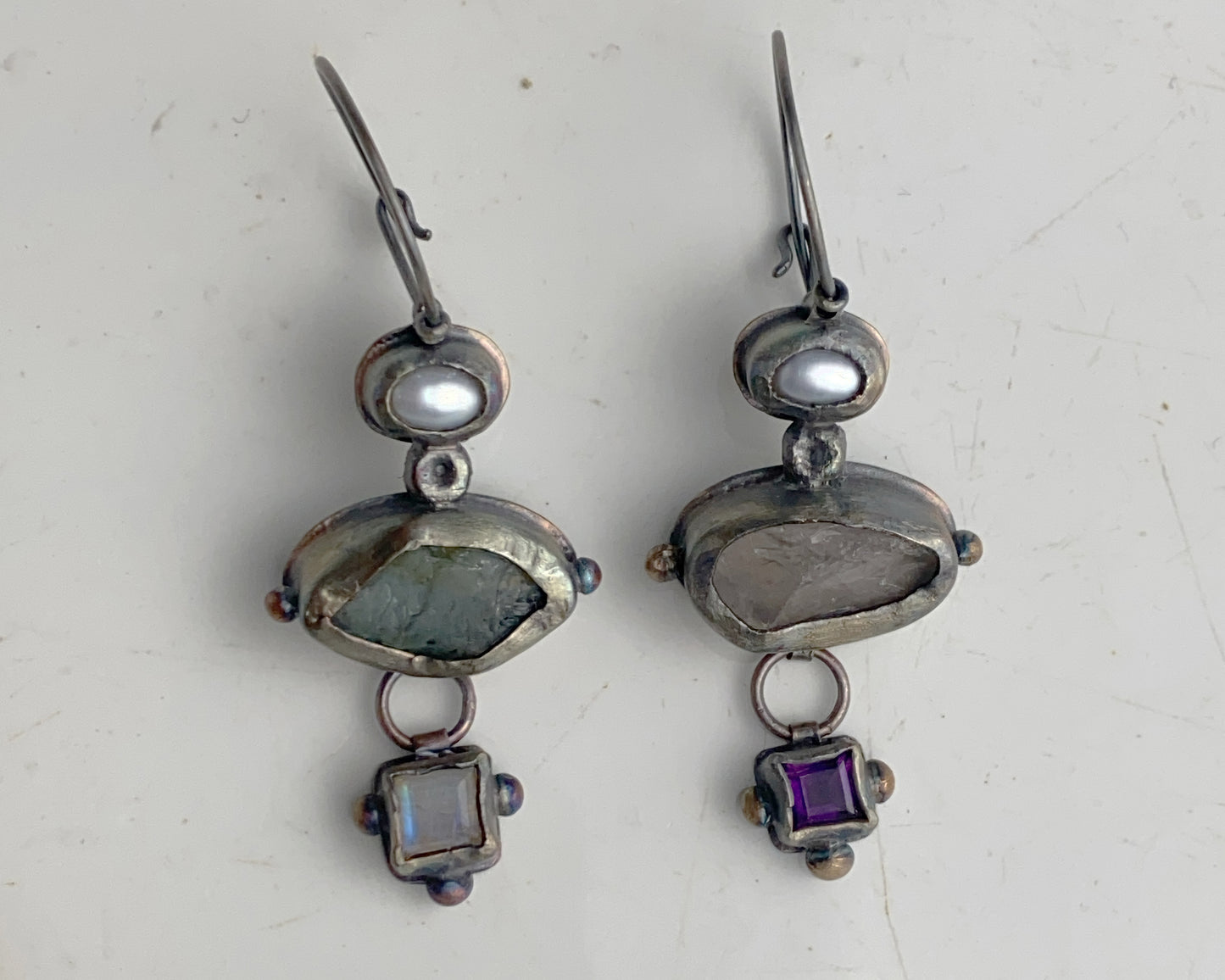 Mismatched Earrings with Aquamarine, Moonstone, Pearl, Rose Quartz & Amethyst