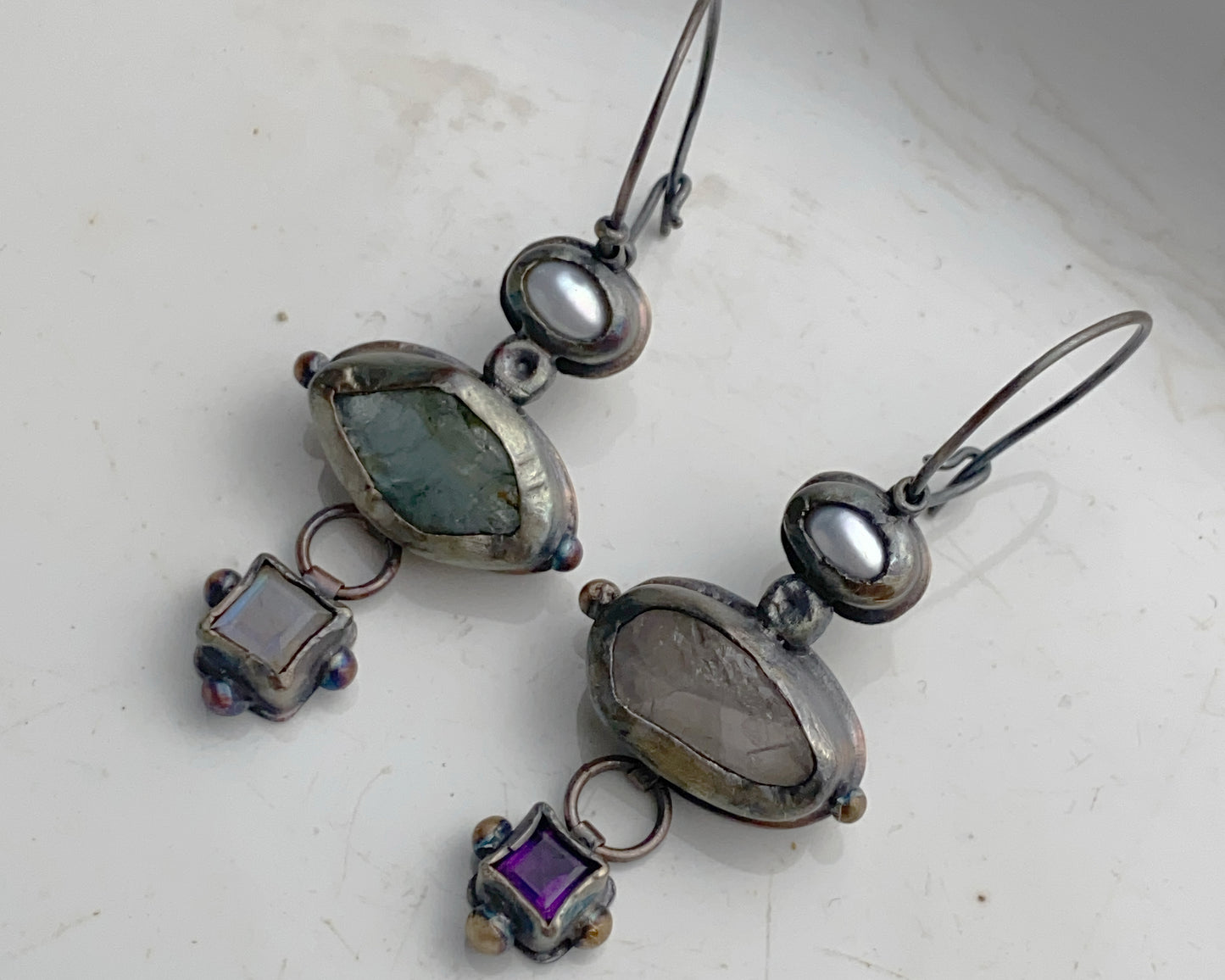 Mismatched Earrings with Aquamarine, Moonstone, Pearl, Rose Quartz & Amethyst