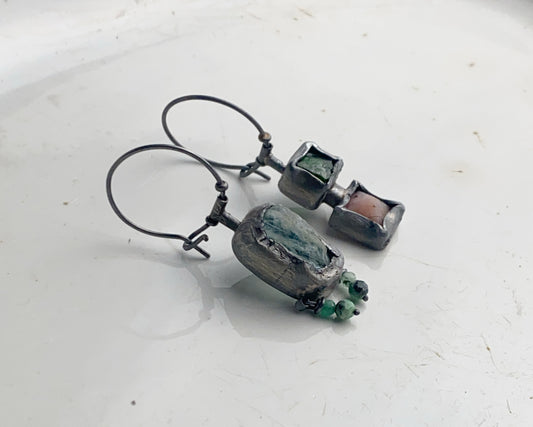 Asymmetrical Earrings with Aquamarine, Emerald, Chrome Diopside, and Pink Opal