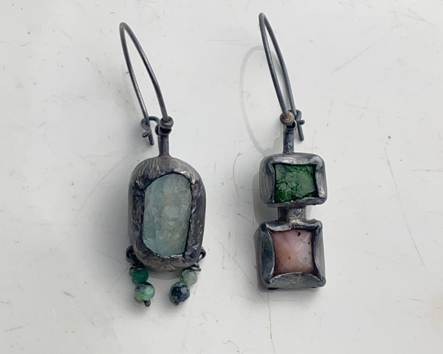 Asymmetrical Earrings with Aquamarine, Emerald, Chrome Diopside, and Pink Opal