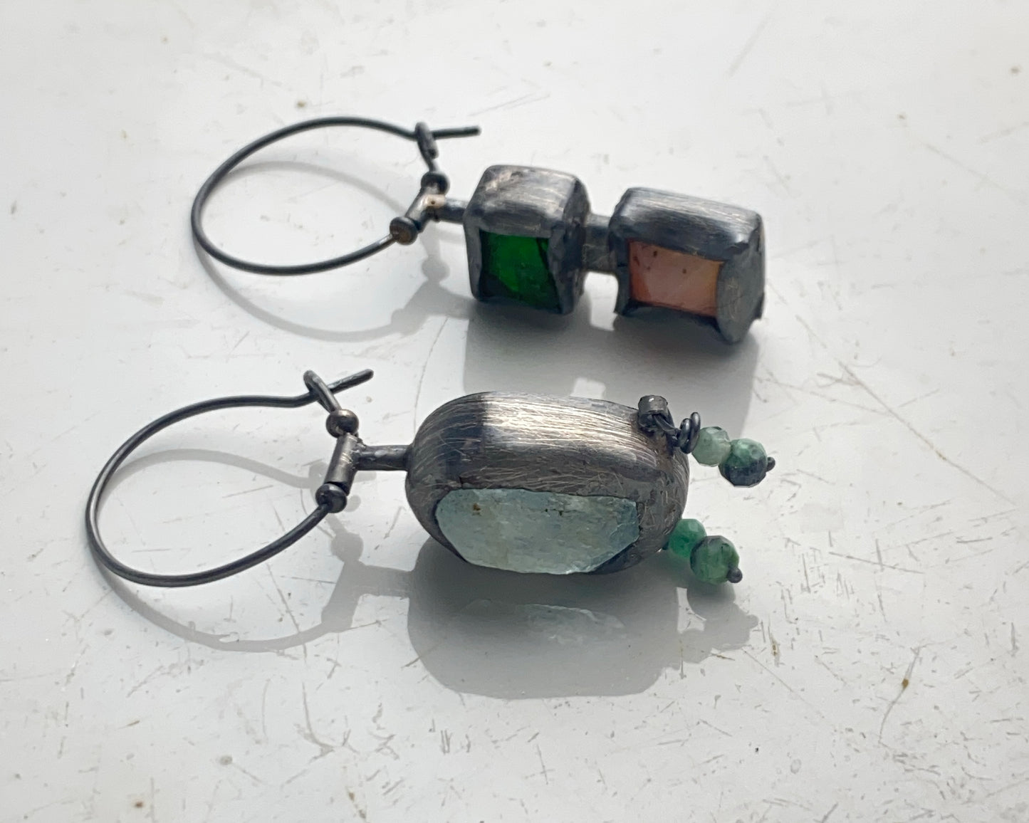 Asymmetrical Earrings with Aquamarine, Emerald, Chrome Diopside, and Pink Opal