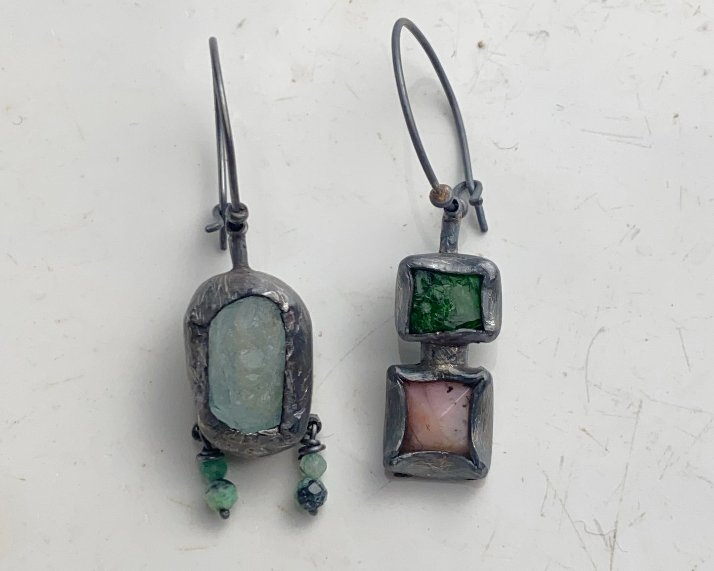 Asymmetrical Earrings with Aquamarine, Emerald, Chrome Diopside, and Pink Opal