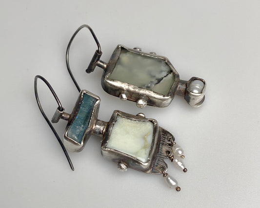 Cyber-Ethnic Chrysoprase & Aquamarine Silver Earrings