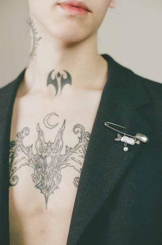 Brooch with mermaid pendant, handcrafted in oxidized sterling silver