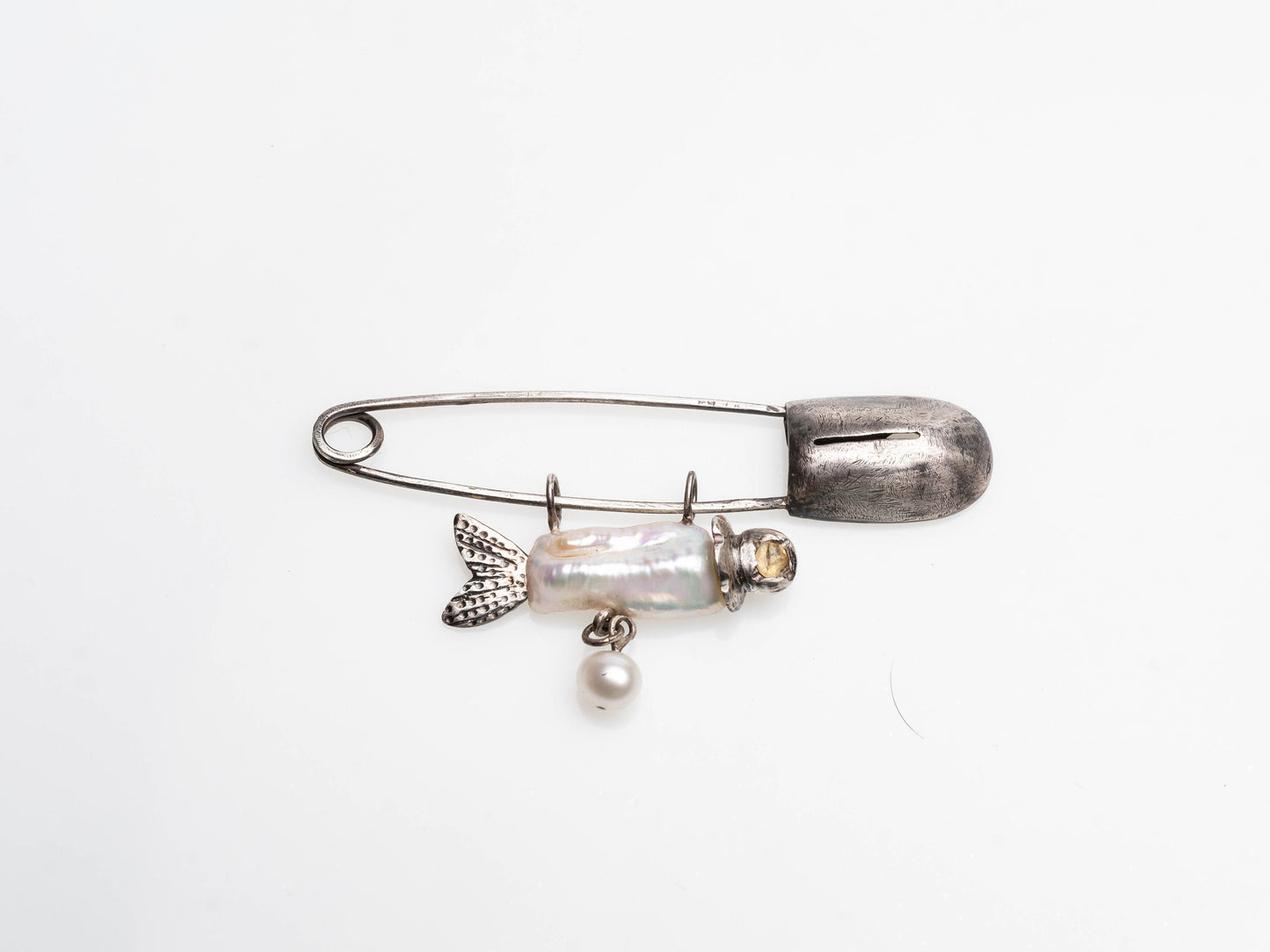 Brooch with mermaid pendant, handcrafted in oxidized sterling silver