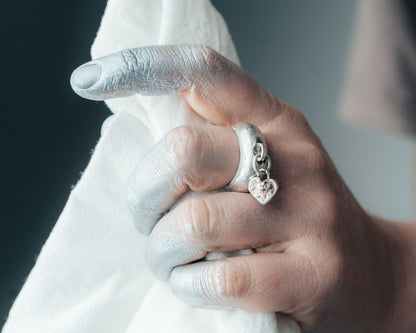 Silver Heart Charm Ring with Diamond Accent