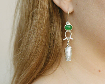 Green Agate & Baroque Pearl Earrings