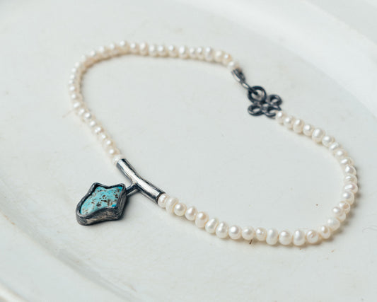 Pearl Choker with Turquoise Pendant in Oxidized Silver