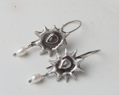 Silver Sun Earrings with Labradorite and Zirconia