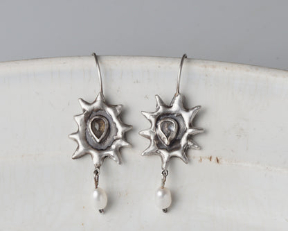 Silver Sun Earrings with Labradorite and Zirconia