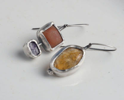 Sterling Silver Carnelian Chalcedony Sapphire Asymmetrical Earrings