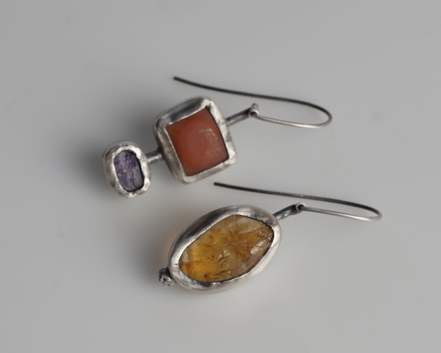 Sterling Silver Carnelian Chalcedony Sapphire Asymmetrical Earrings
