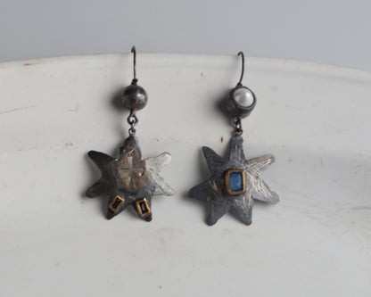 Handcraftet Starburst Earrings with Garnets, Agate, and Pearl