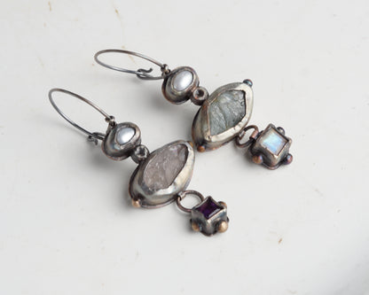 Mismatched Earrings with Aquamarine, Moonstone, Pearl, Rose Quartz & Amethyst